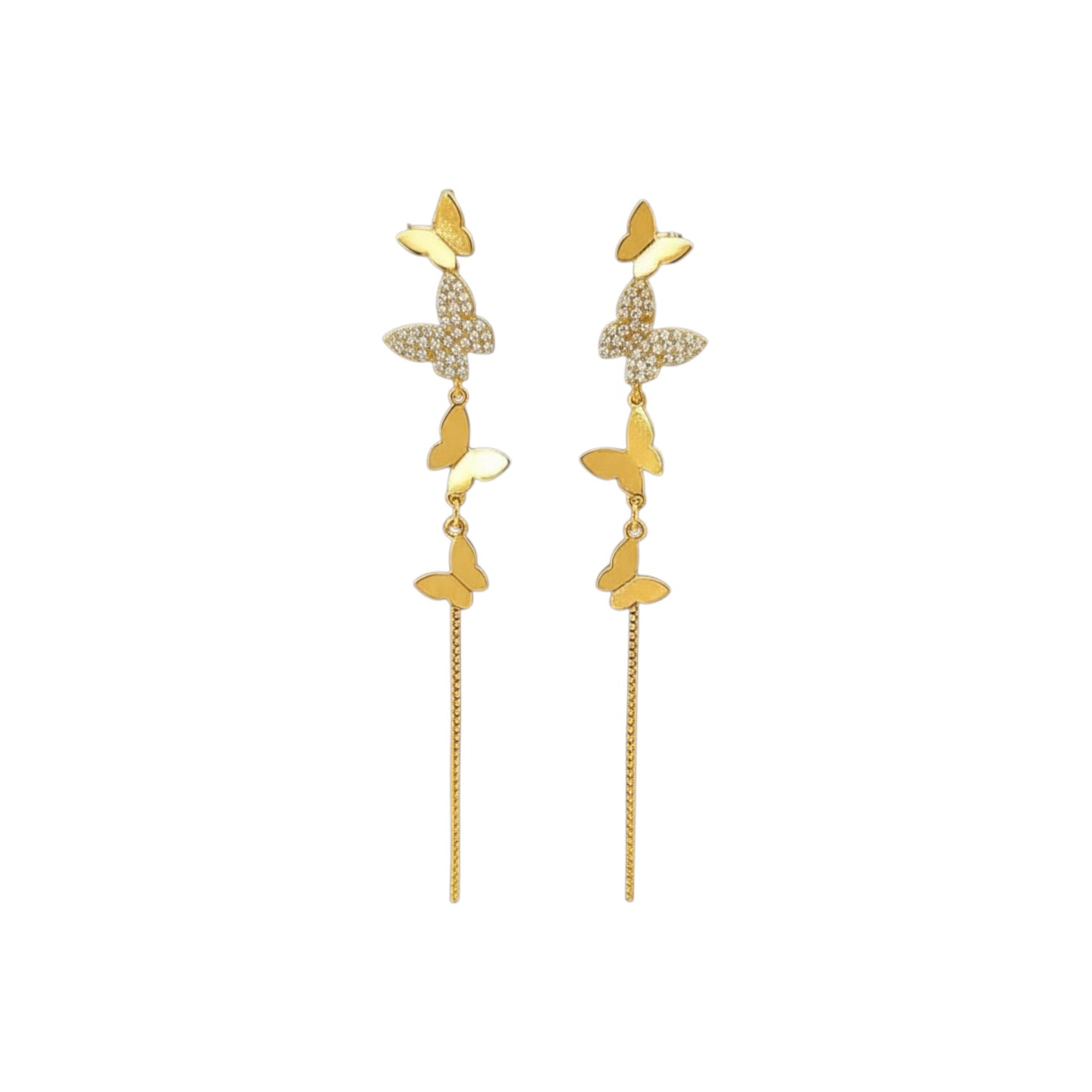 Butterfly Chain Drop Earrings in gold plating with cascading pavé and polished butterflies on fine chains