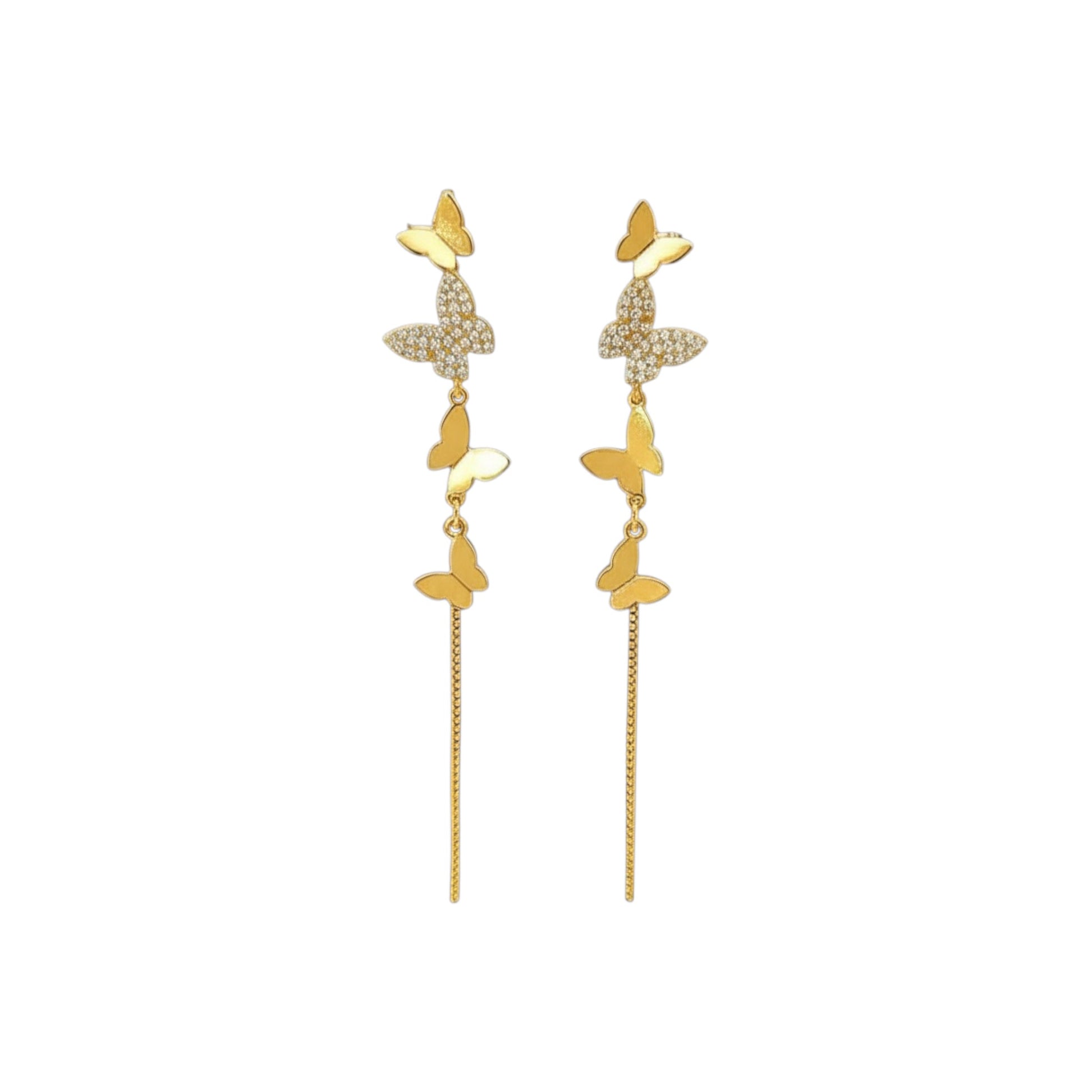 Butterfly Chain Drop Earrings in gold plating with cascading pavé and polished butterflies on fine chains