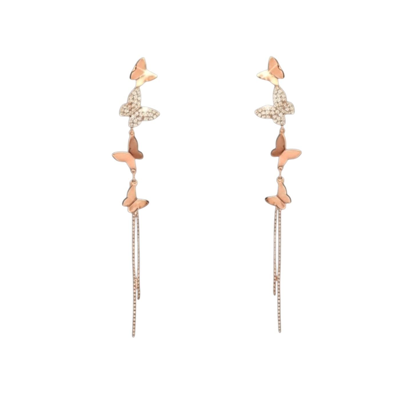 Butterfly Chain Drop Earrings in rose gold plating with cascading pavé and polished butterflies on fine chains