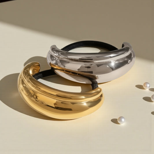 Gold Curve Hair Cuff — polished gold curved hair accessory with built-in elastic