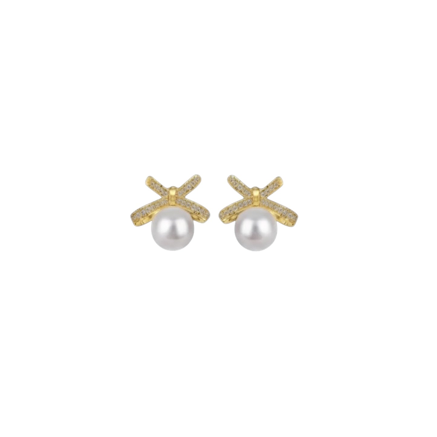Faux Pearl Bow Studs - sterling silver earrings with pavé-set bows and faux pearl drops, crafted with 18ct gold plating for soft, elegant shine.
