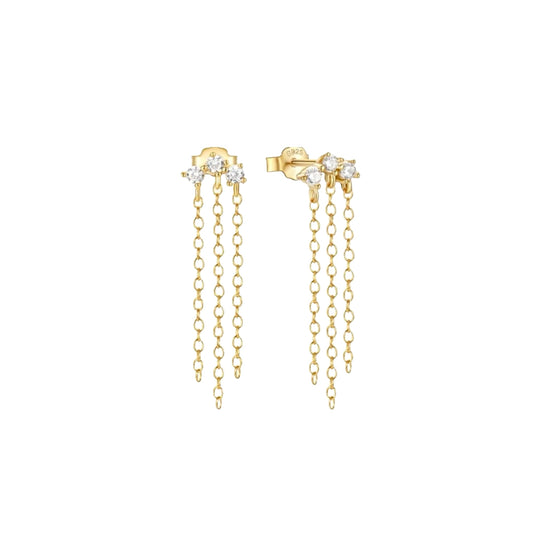 Three Tassel Chain Gold Earrings with Zirconias