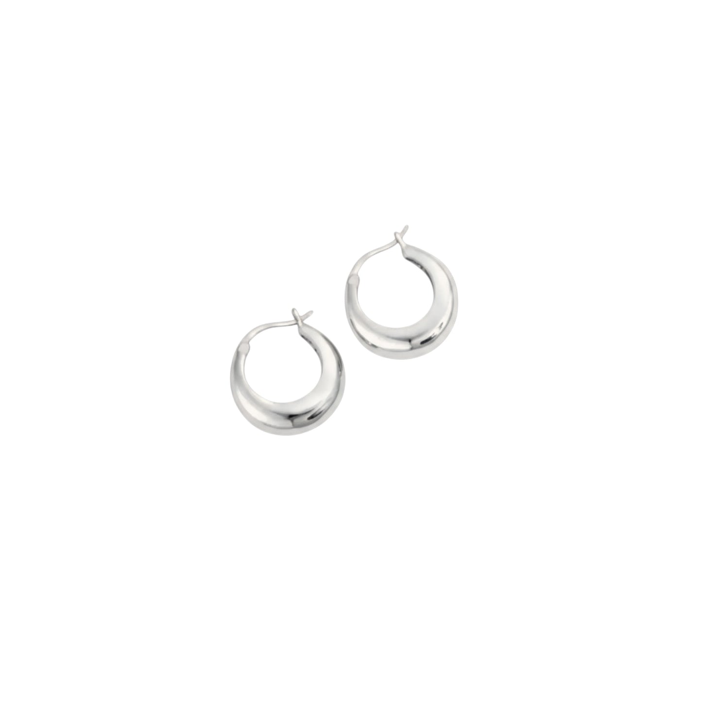Gloss Dome Hoops — Sterling Silver earrings with White Gold plating, featuring a polished domed silhouette for sculpted shine.
