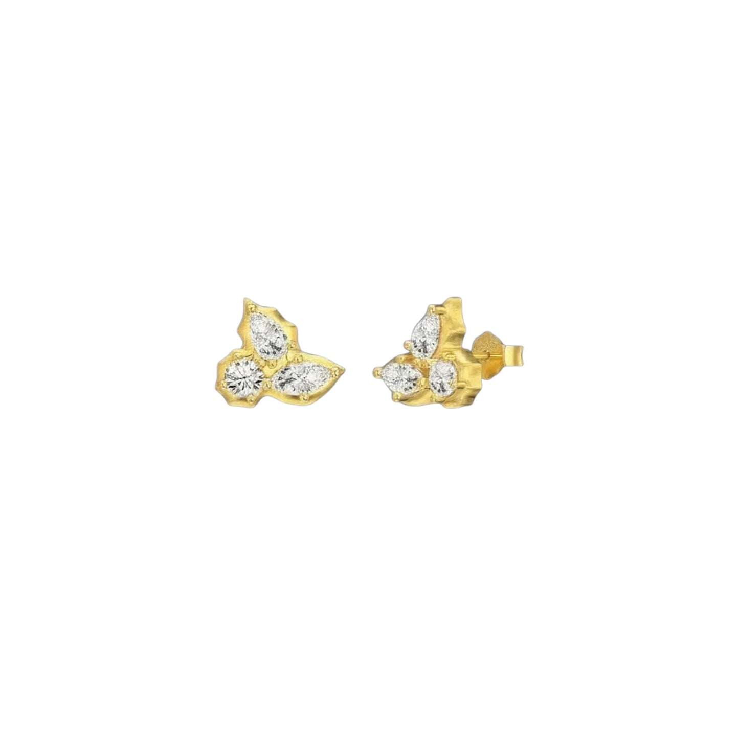 Gold Cluster Stud Earrings in 18ct gold plated sterling silver with trio of sparkling stones in modern cluster design.