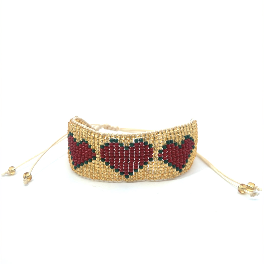 Golden and Red Heart Beaded Bracelet