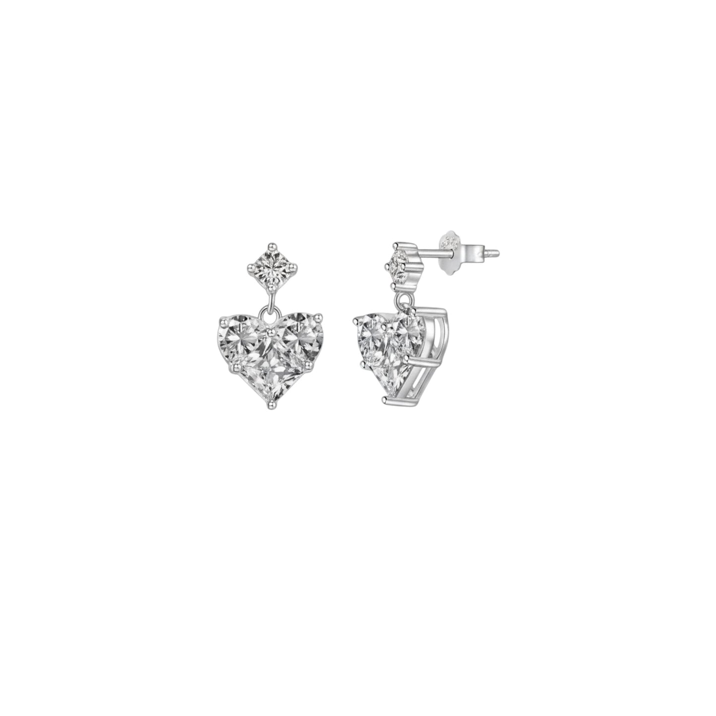 Heart Drop Earrings in White Gold-plated sterling silver with round zirconia stud and faceted heart drop design