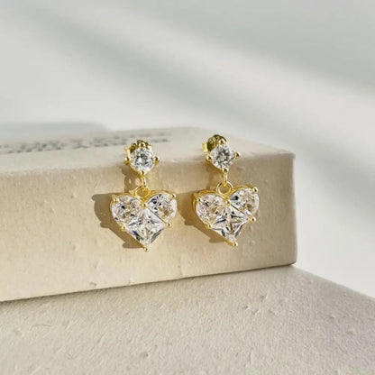 Heart Drop Earrings in 18ct Gold sterling silver with round zirconia stud and faceted heart drop design