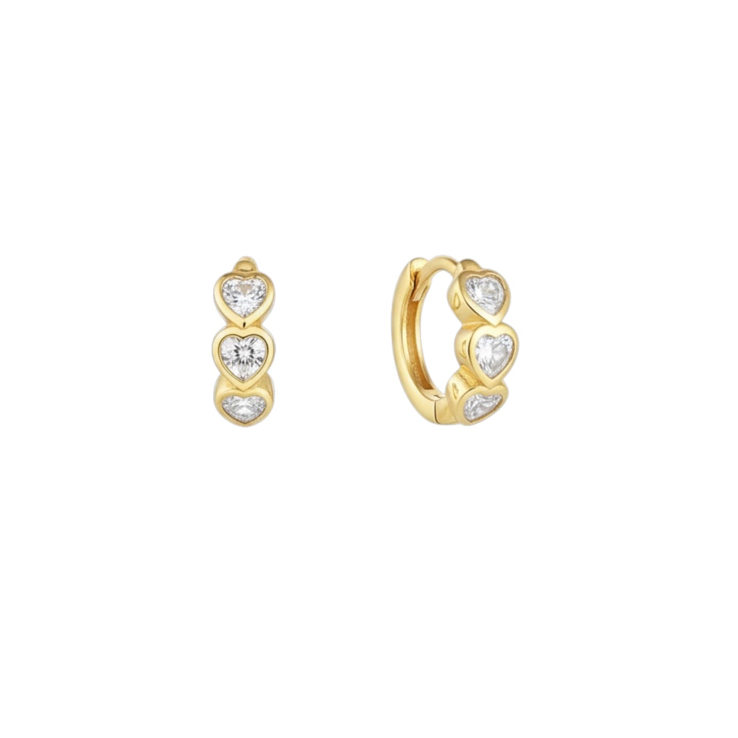Heart Huggie Hoop Earrings in sterling silver with gold plating, featuring three sparkling heart-shaped stones