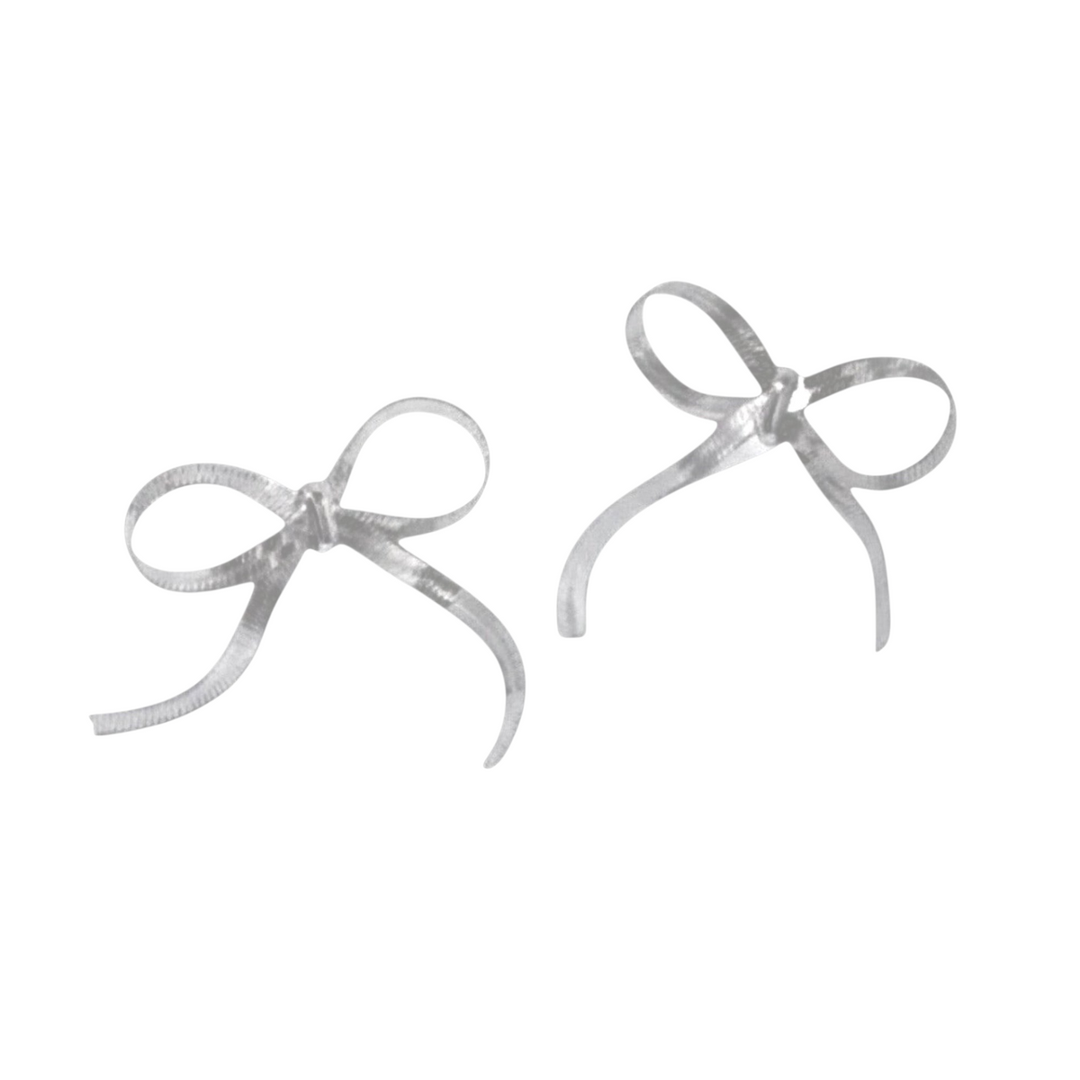 Scandal Kiss rhodium plated stainless steel ribbon bow stud earrings with a textured sculptural finish.