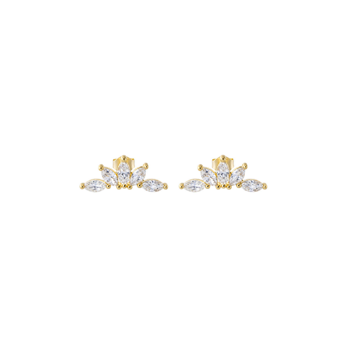 Scandal Kiss gold lotus stud earrings featuring marquise-cut clear crystals in a delicate floral arrangement.