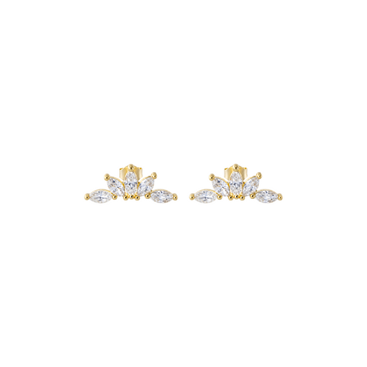 Scandal Kiss gold lotus stud earrings featuring marquise-cut clear crystals in a delicate floral arrangement.