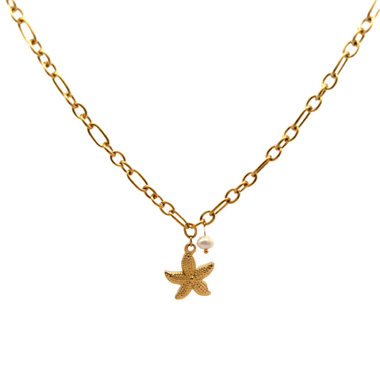 Gold Starfish Charm Necklace with Pearl Accent