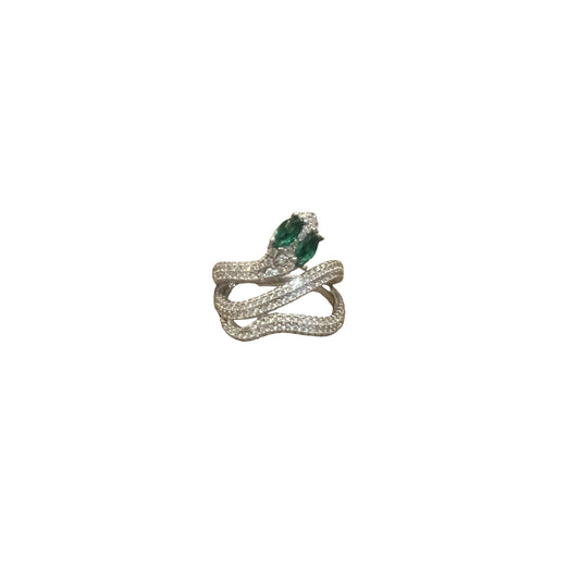 Silver Snake Ring with Green Gemstone Eyes