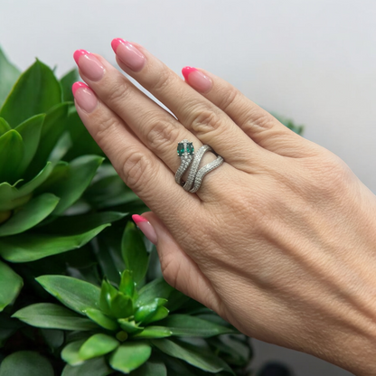 Silver Snake Ring with Green Gemstone Eyes