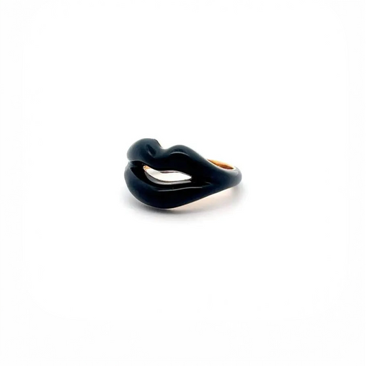 Kiss Me Black Lips Ring - sterling silver ring with glossy black enamel lips and 18ct gold detail.