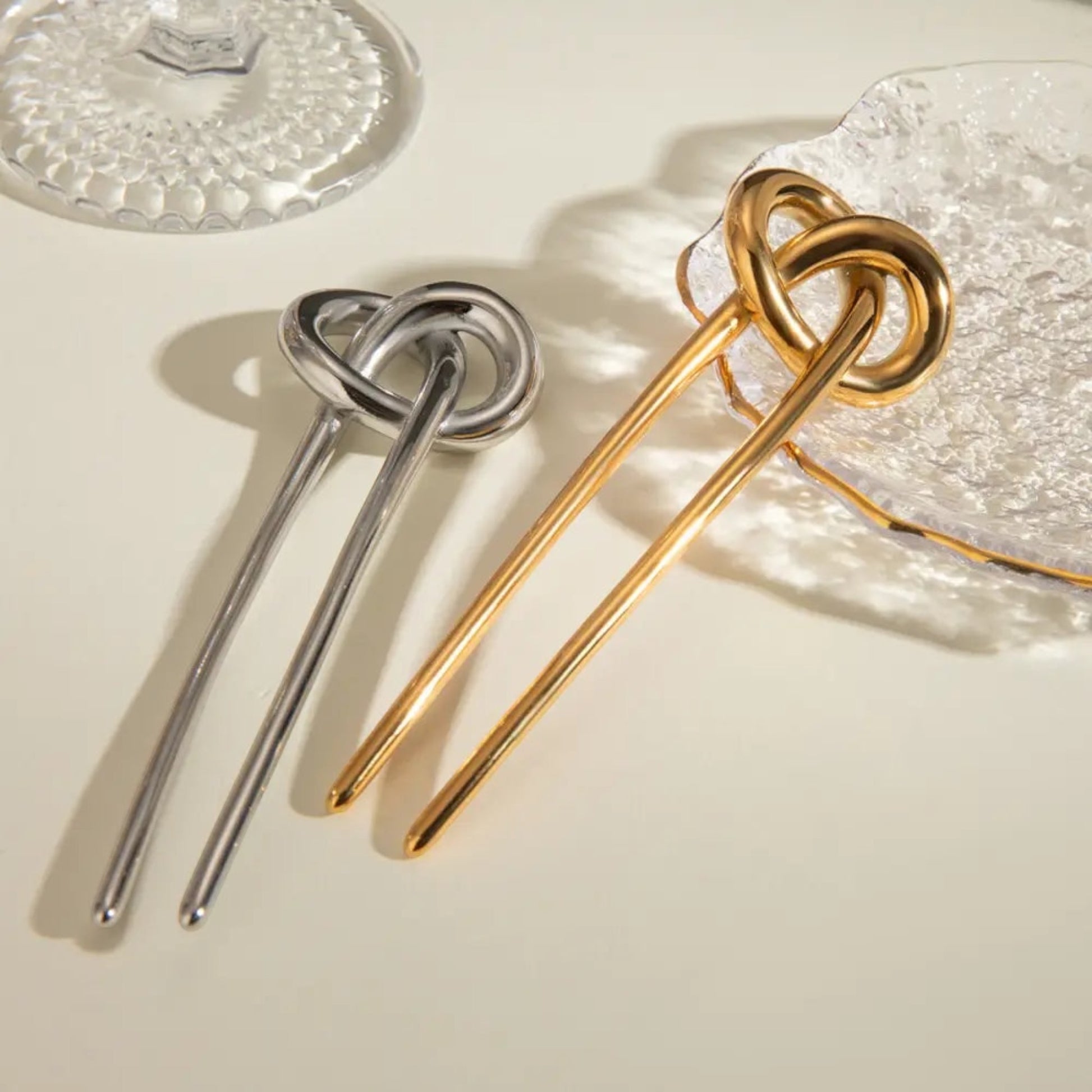 Knot Loop Hairpin by Scandal Kiss – gold and silver sculptural stainless steel hairpin with interlocking loop design