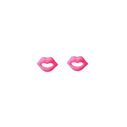 Lip Stud Earrings in 925 Sterling Silver with Rhodium plating and glossy pink enamel lips