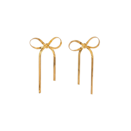 Long Ribbon Bow Earrings in 18ct gold-plated stainless steel with elongated ribbon-style bow design