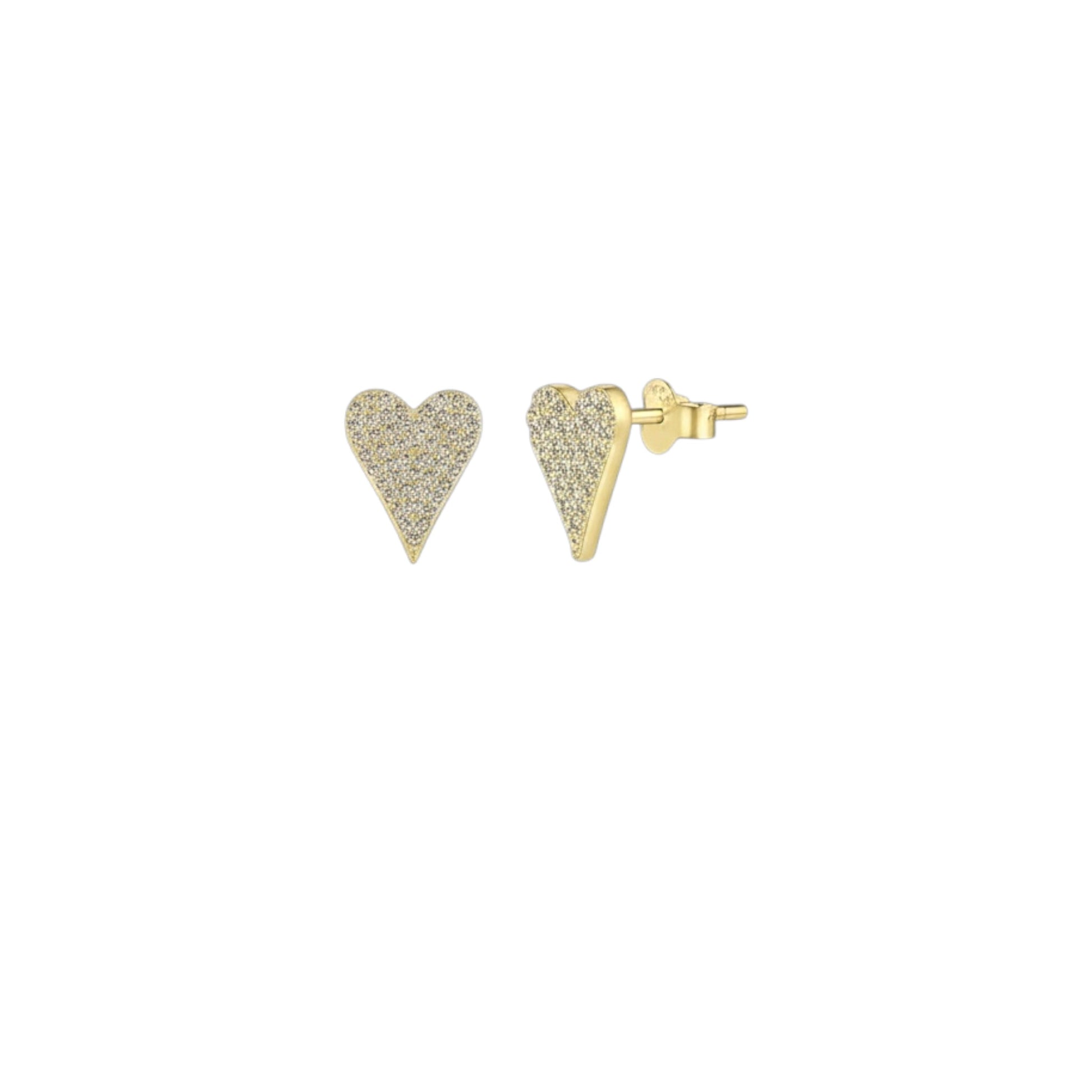 Pavé Heart Studs in sterling silver with 18ct gold plating, elongated heart shape encrusted with pavé stones.