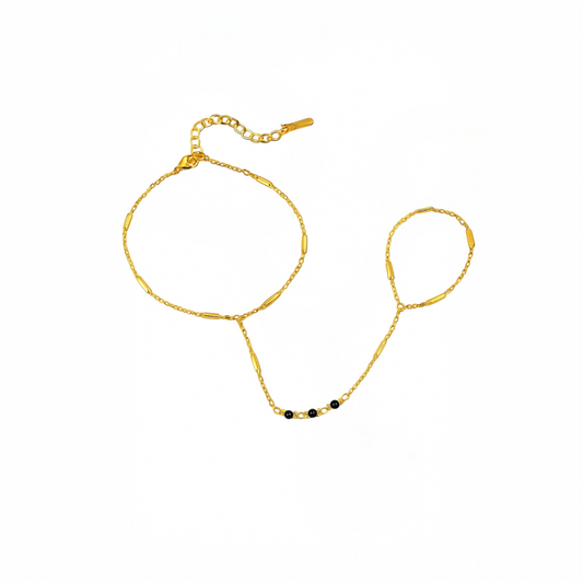 Golden Black Stone Chain Ring Bracelet