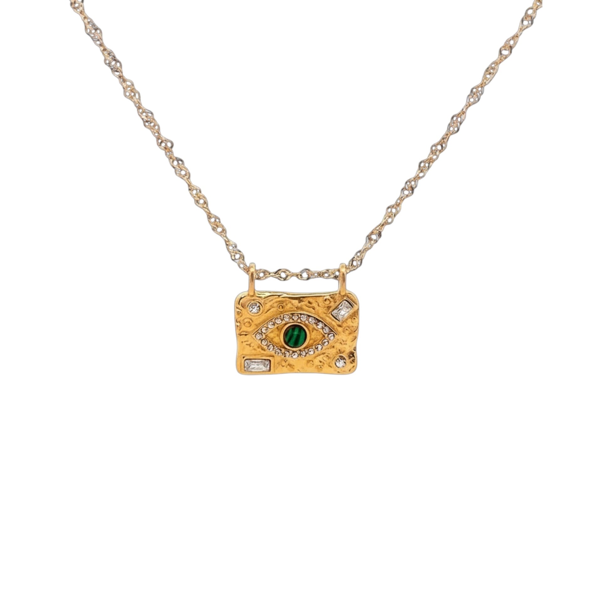 Evil Eye Statement Necklace in gold-plated stainless steel with hammered rectangular pendant, green centre stone, and zirconia accents