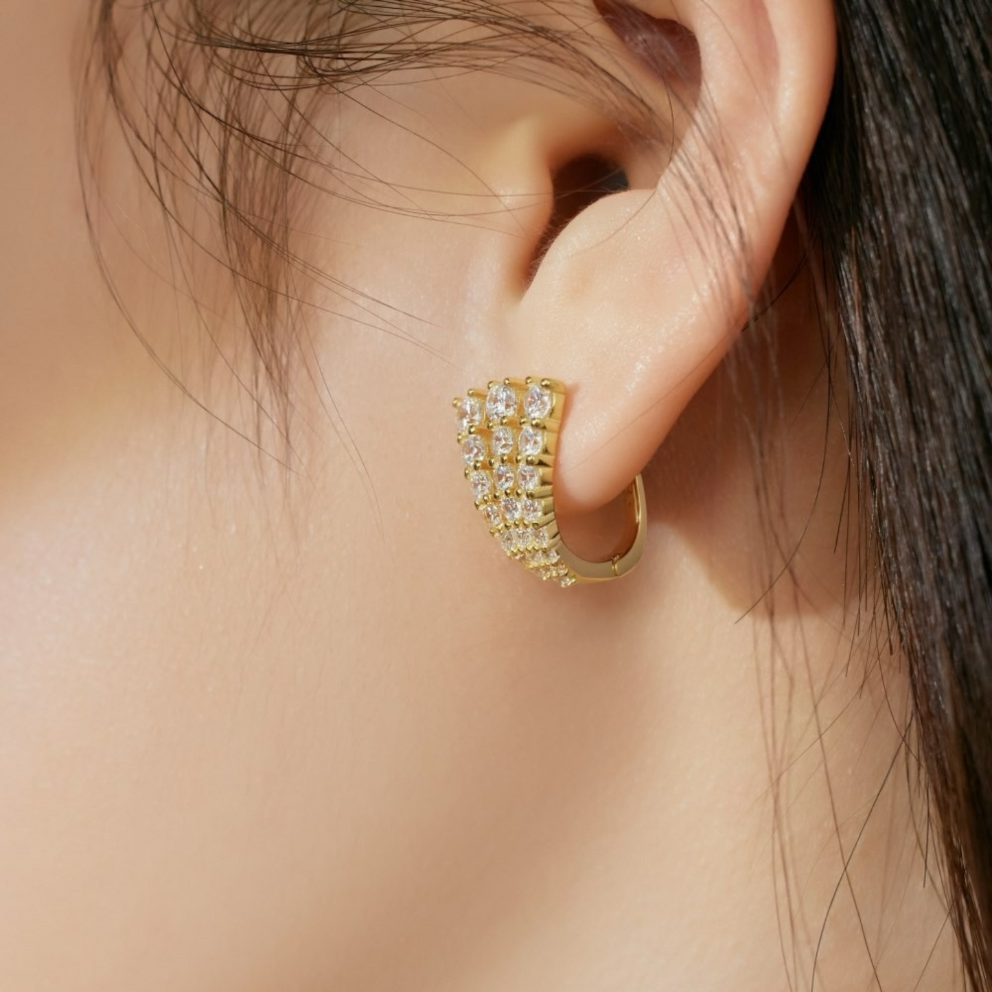 Triple Row Pave Gold Earrings