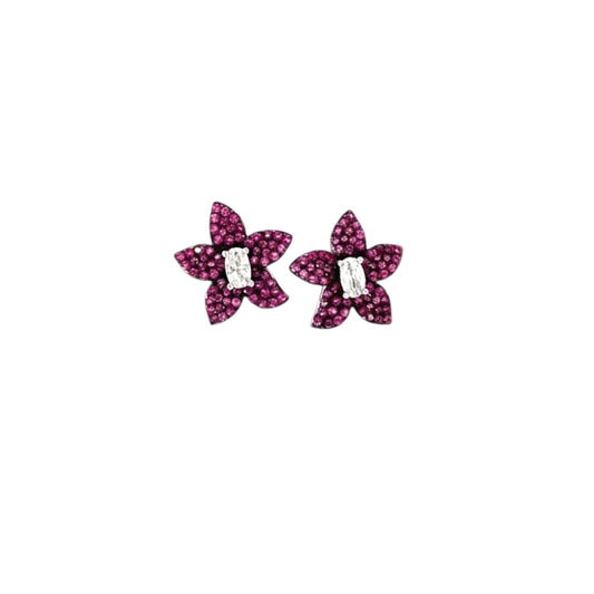 Pink bejewelled stud earrings in sterling silver with floral design and white centre stone — elegant sparkle for everyday or special occasions.