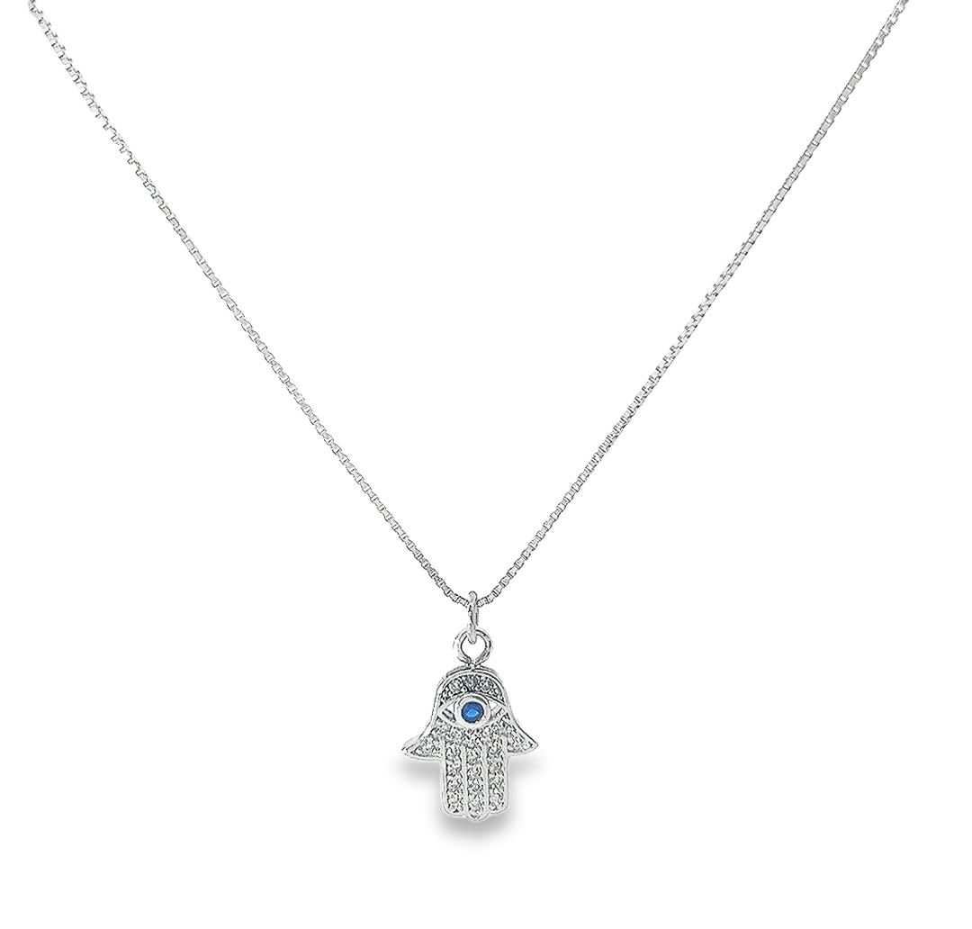 Silver Hamsa Pendant with Blue Stone