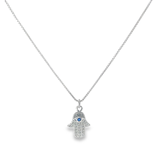 Silver Hamsa Pendant with Blue Stone