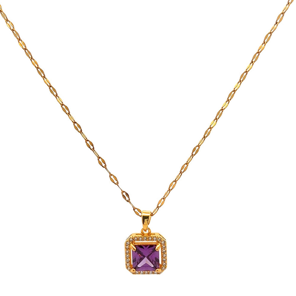 Purple Square Halo Gemstone Pendant Necklace