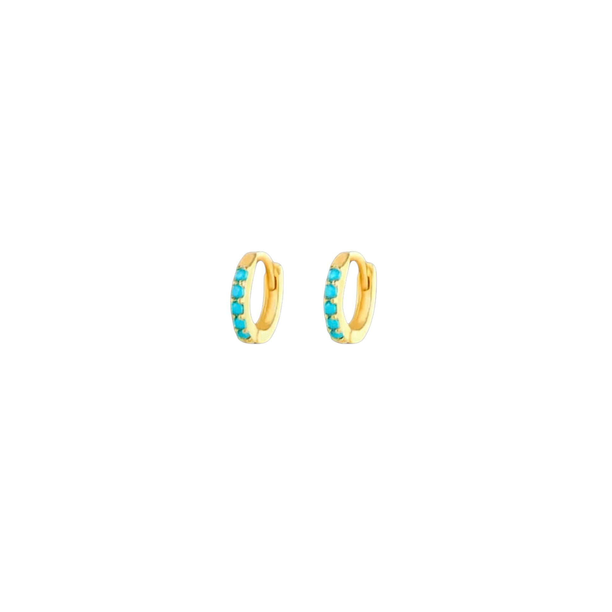 Turquoise Huggies by Scandal Kiss – 18ct gold-plated sterling silver huggie earrings with turquoise-coloured stones