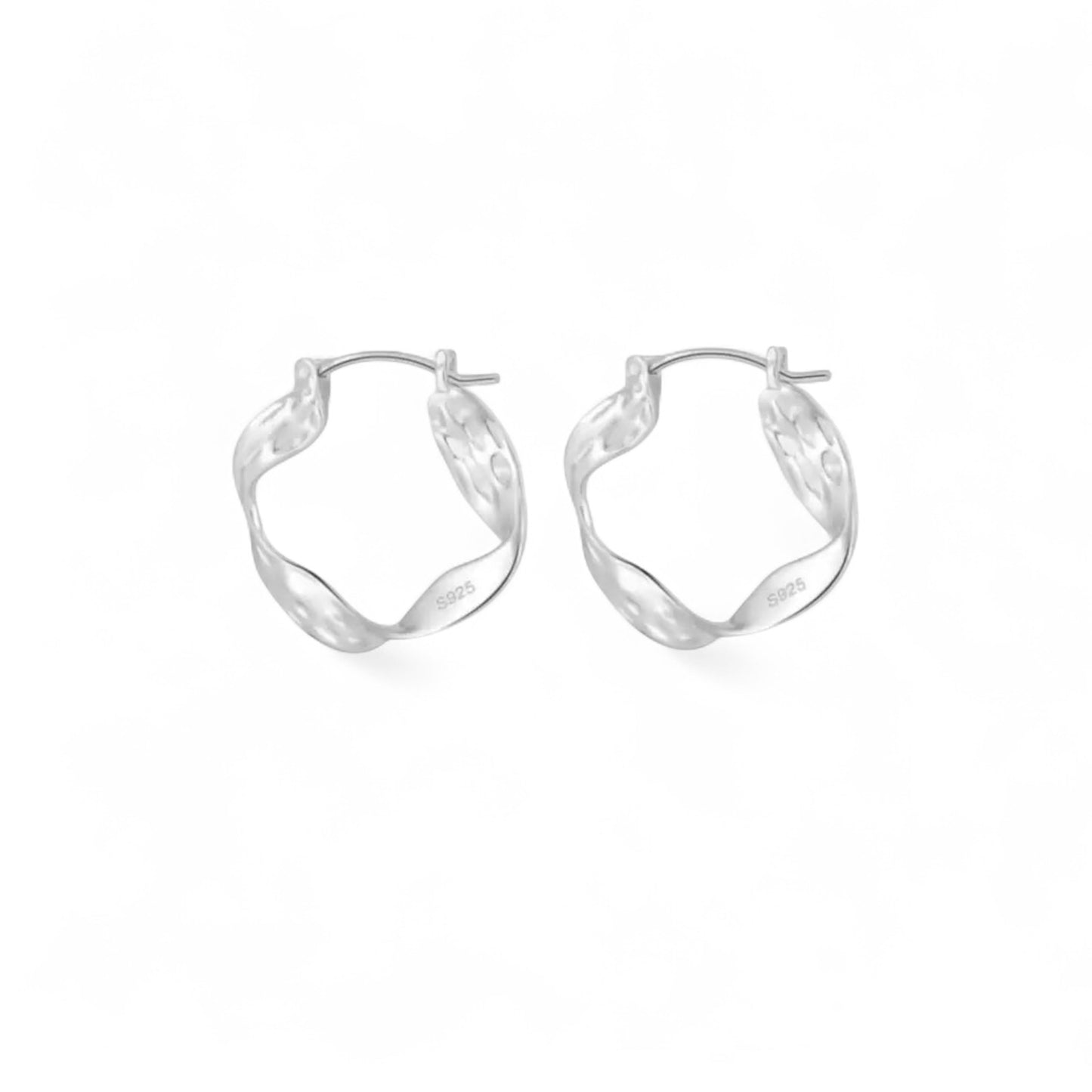 Twist Hoop Earrings in sterling silver with sculpted twisted design and White Gold plating.