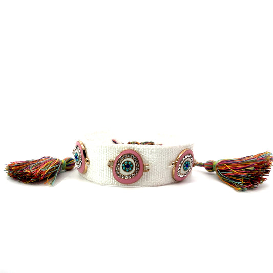 White and Pink Evil Eye Tassel Bracelet