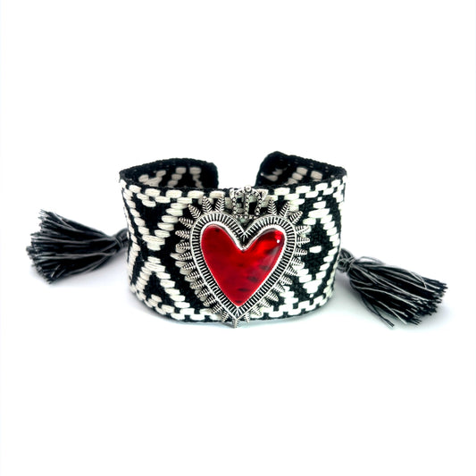 Bold Red Heart Woven Bracelet with Black and White Design