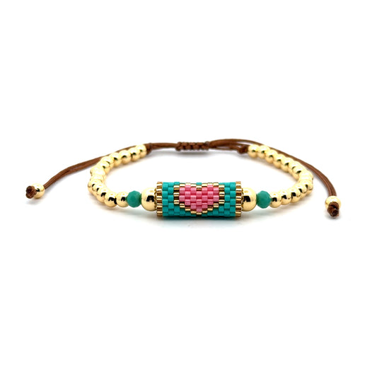 Gold, Pink & Blue Heart Beaded Bracelet