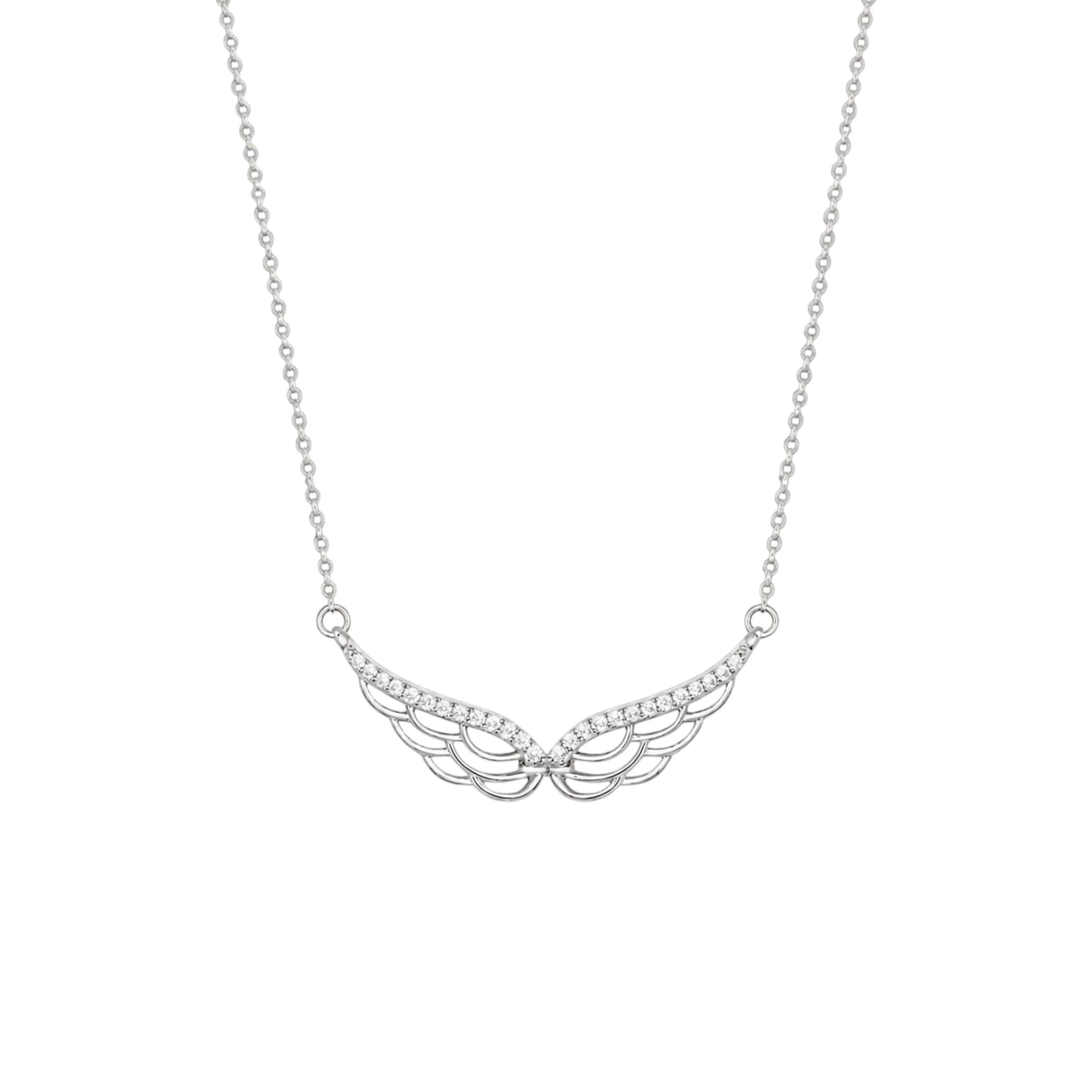 Angel Wing Necklace in White Gold plated 925 Sterling Silver with openwork wings and pavé zirconia detailing