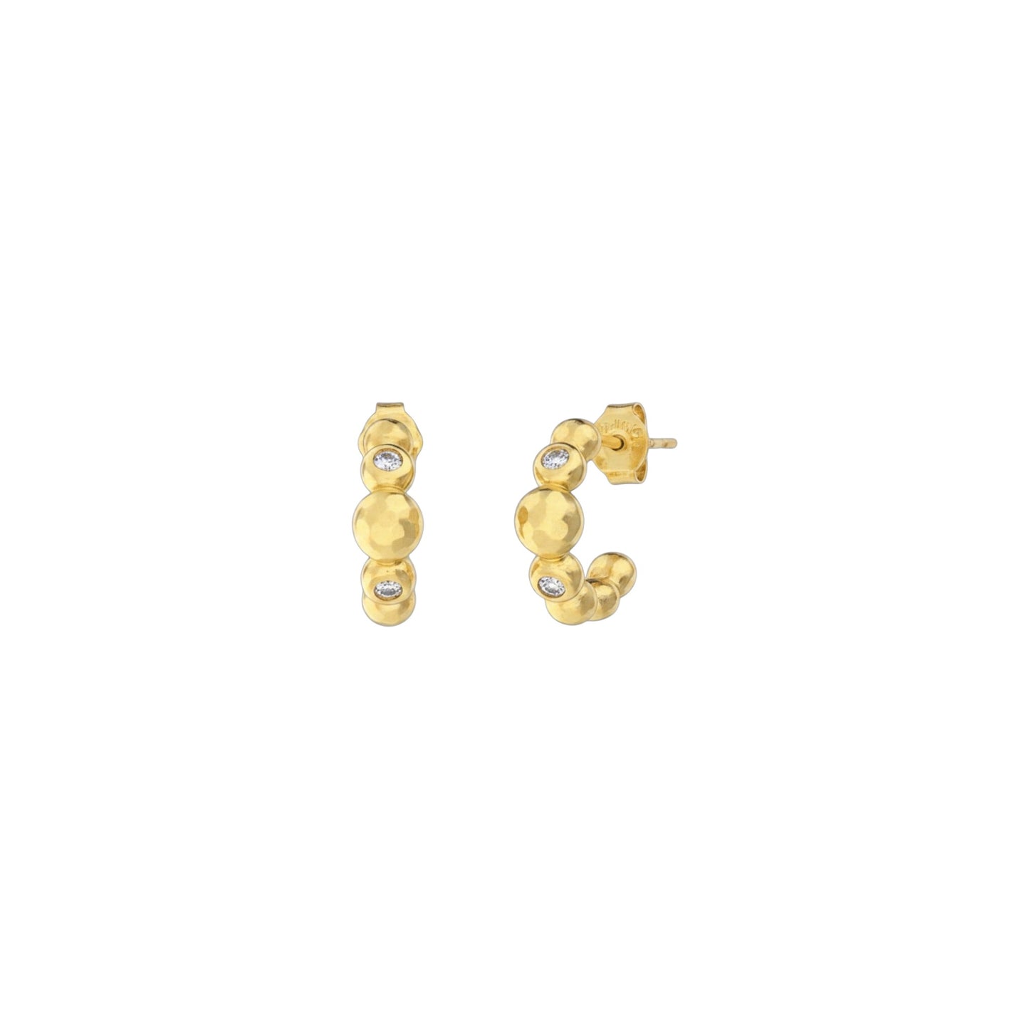 Beaded half hoop earrings in gold and white gold plated sterling silver