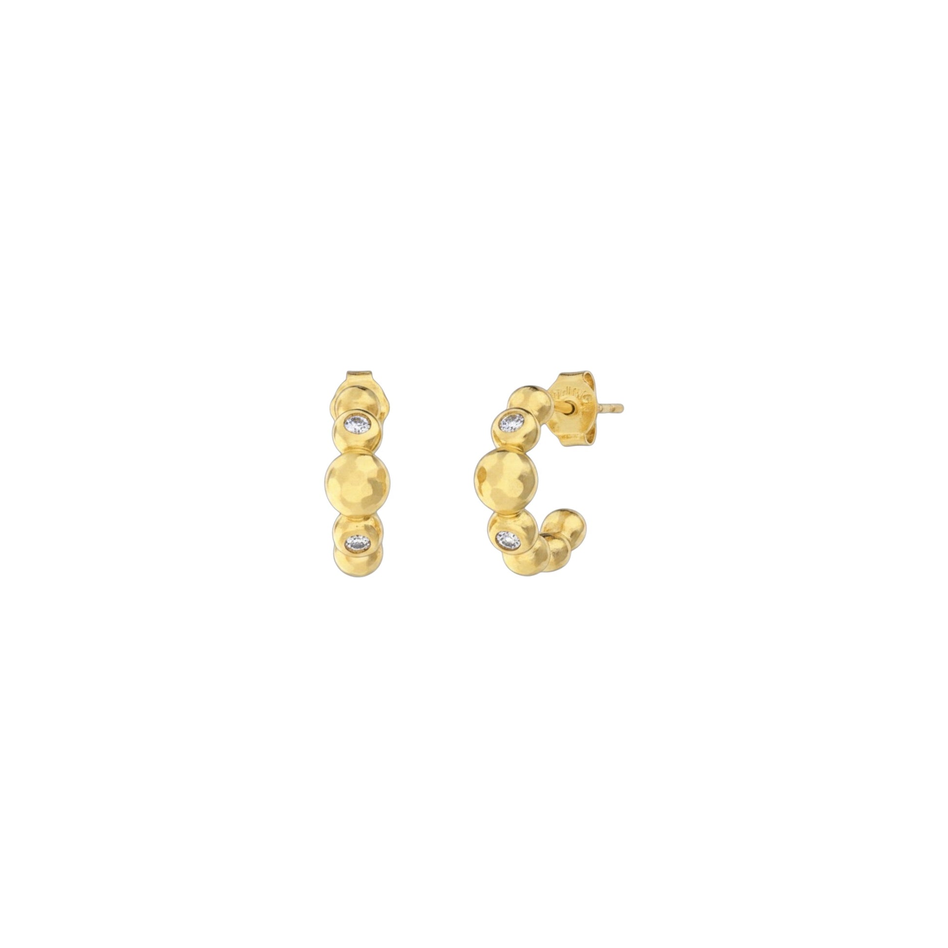 Beaded half hoop earrings in gold and white gold plated sterling silver