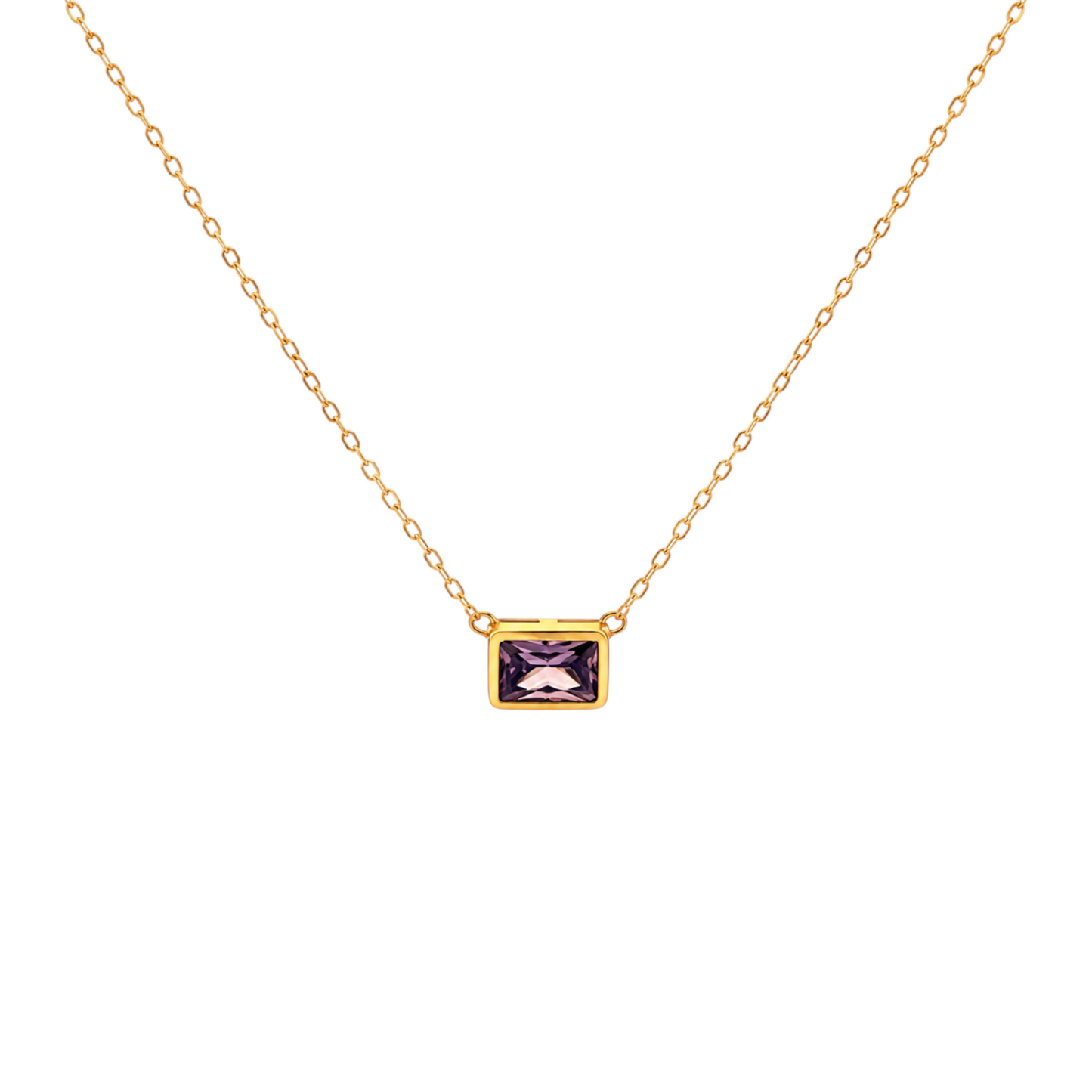 Bezel Set Necklace in 925 Sterling Silver with 18ct Gold plating featuring a rectangular purple stone in a polished bezel setting