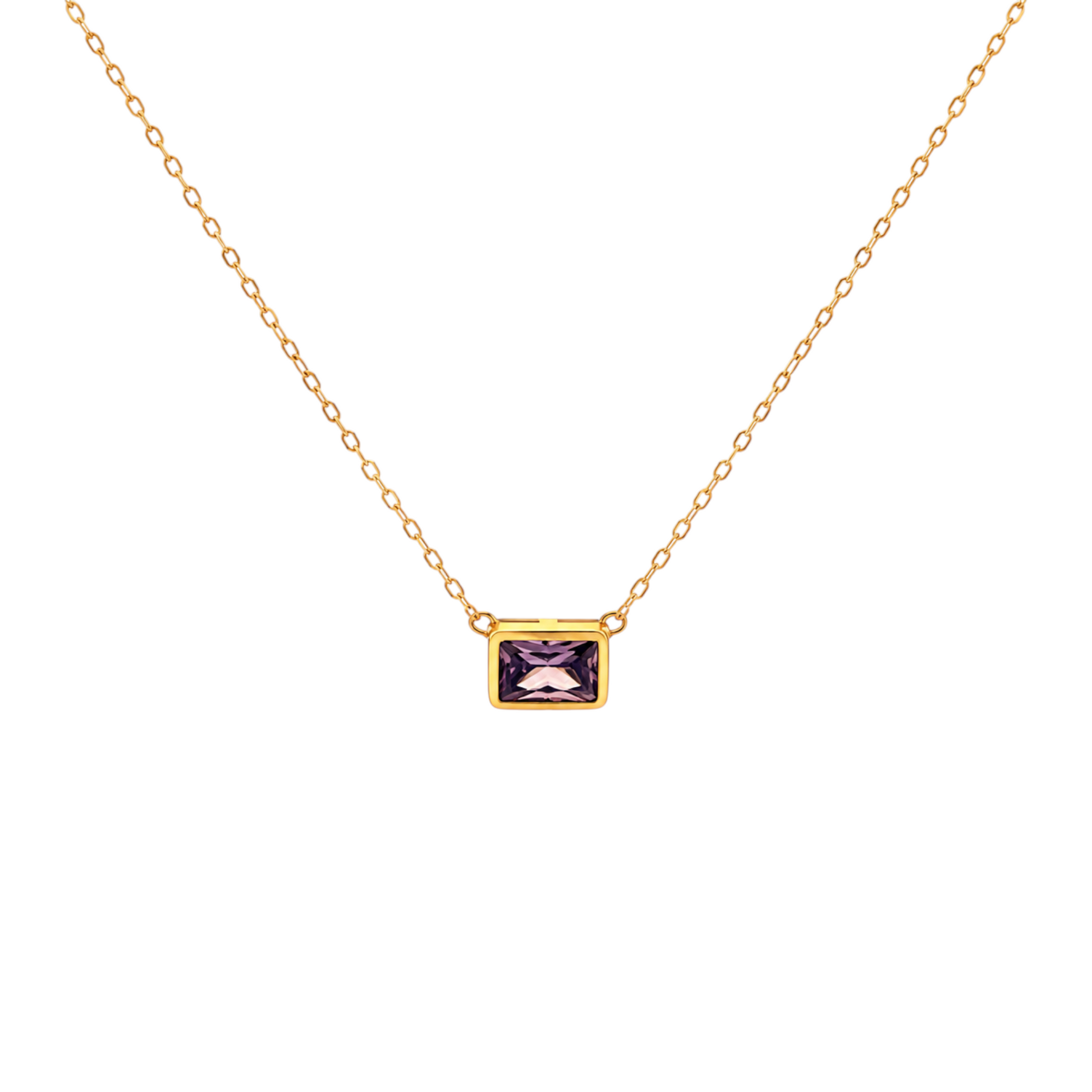 Bezel Set Necklace in 925 Sterling Silver with 18ct Gold plating featuring a rectangular purple stone in a polished bezel setting
