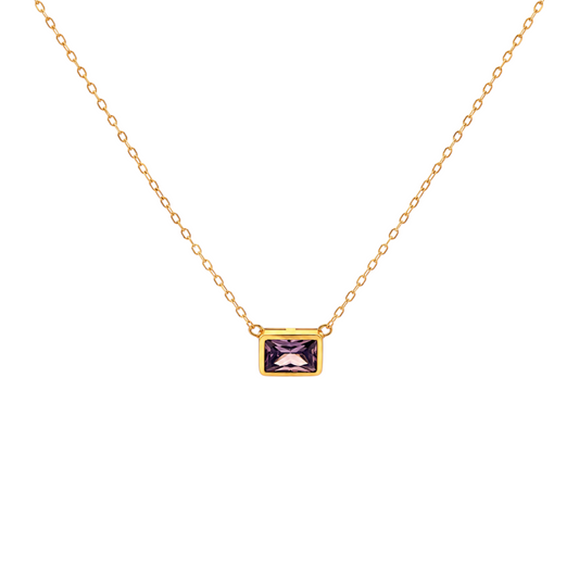 Bezel Set Necklace in 925 Sterling Silver with 18ct Gold plating featuring a rectangular purple stone in a polished bezel setting