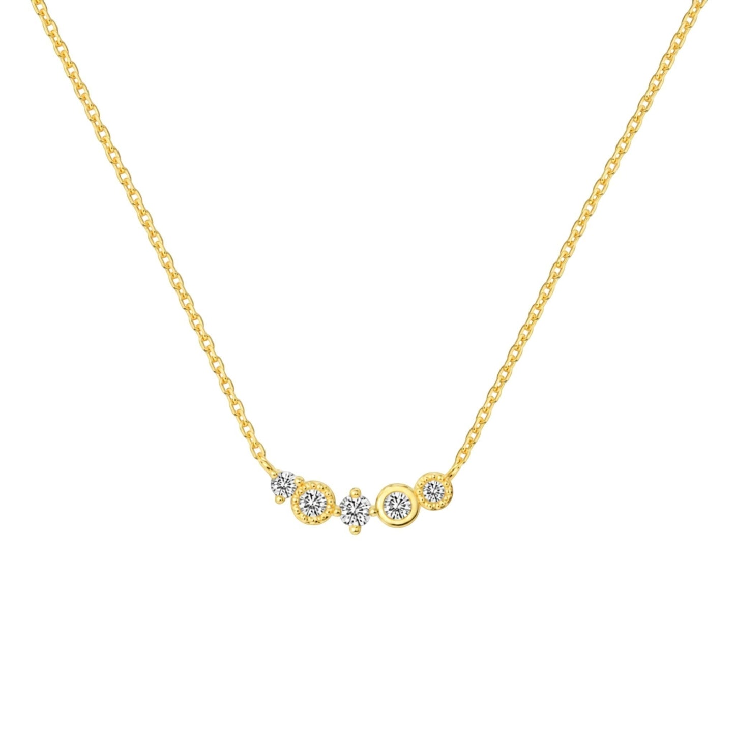 Bezel Sparkle Necklace in 18ct Gold plated 925 Sterling Silver with an asymmetrical arrangement of sparkling zirconia