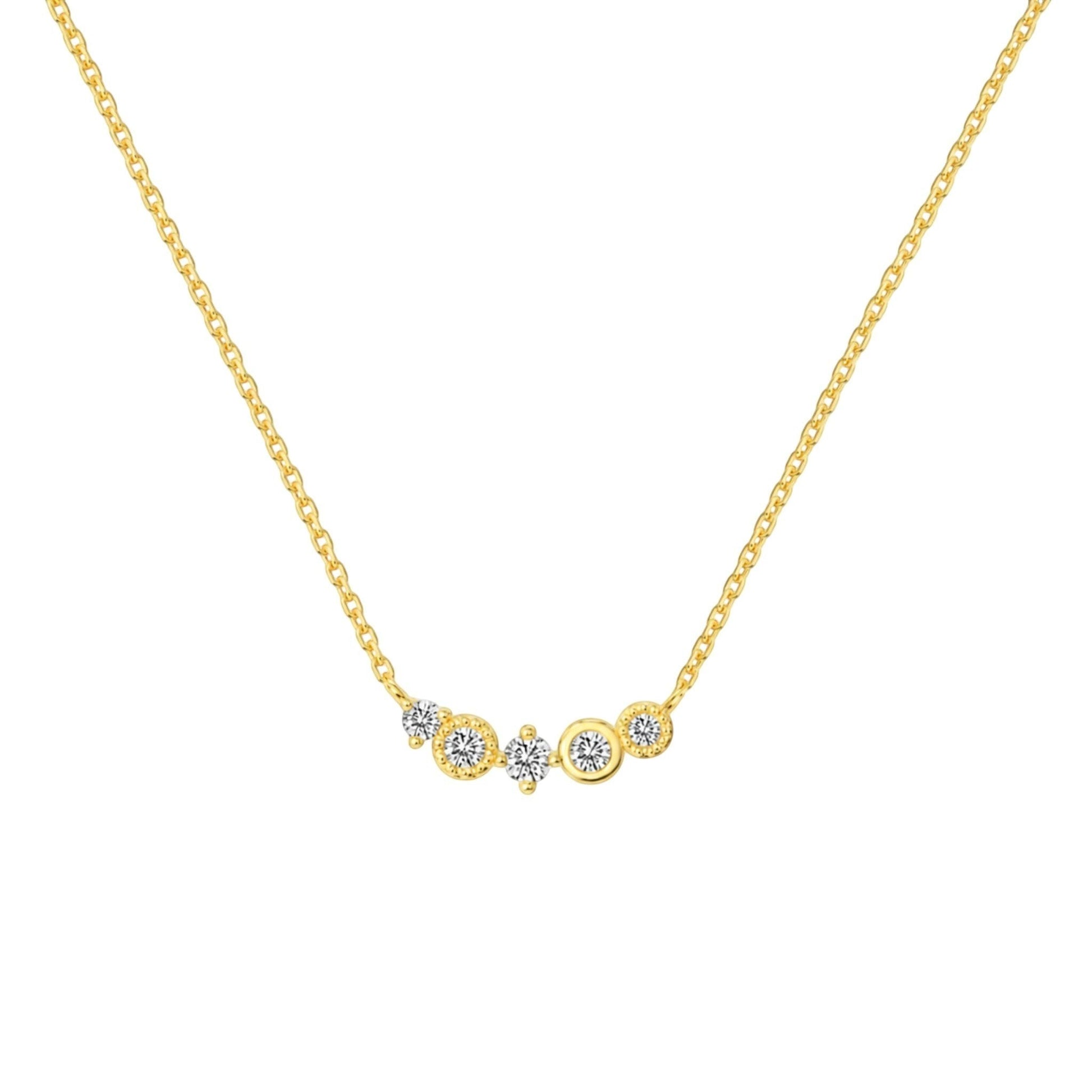 Bezel Sparkle Necklace in 18ct Gold plated 925 Sterling Silver with an asymmetrical arrangement of sparkling zirconia