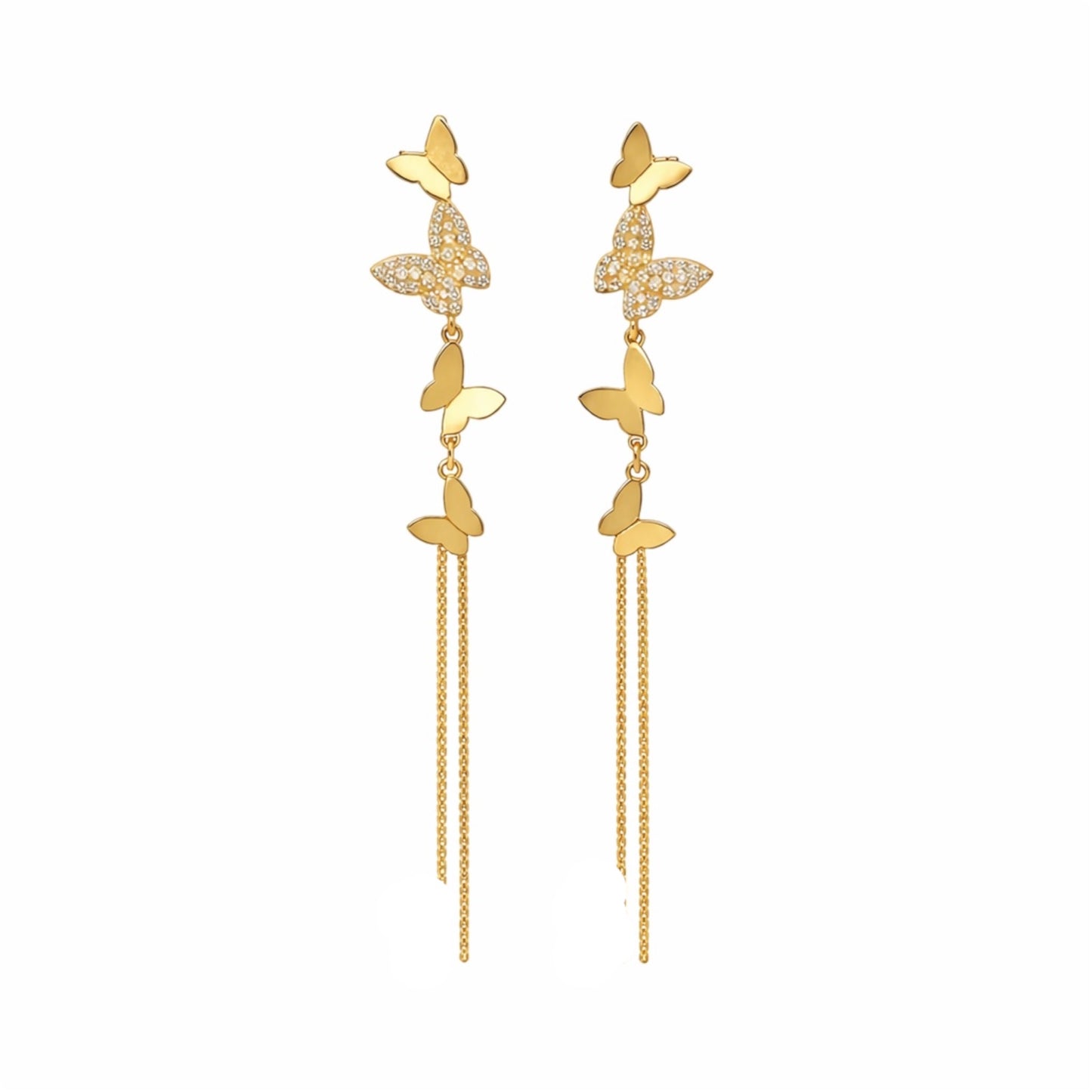 Gold butterfly chain drop earrings in sterling silver with pavé zirconia detailing