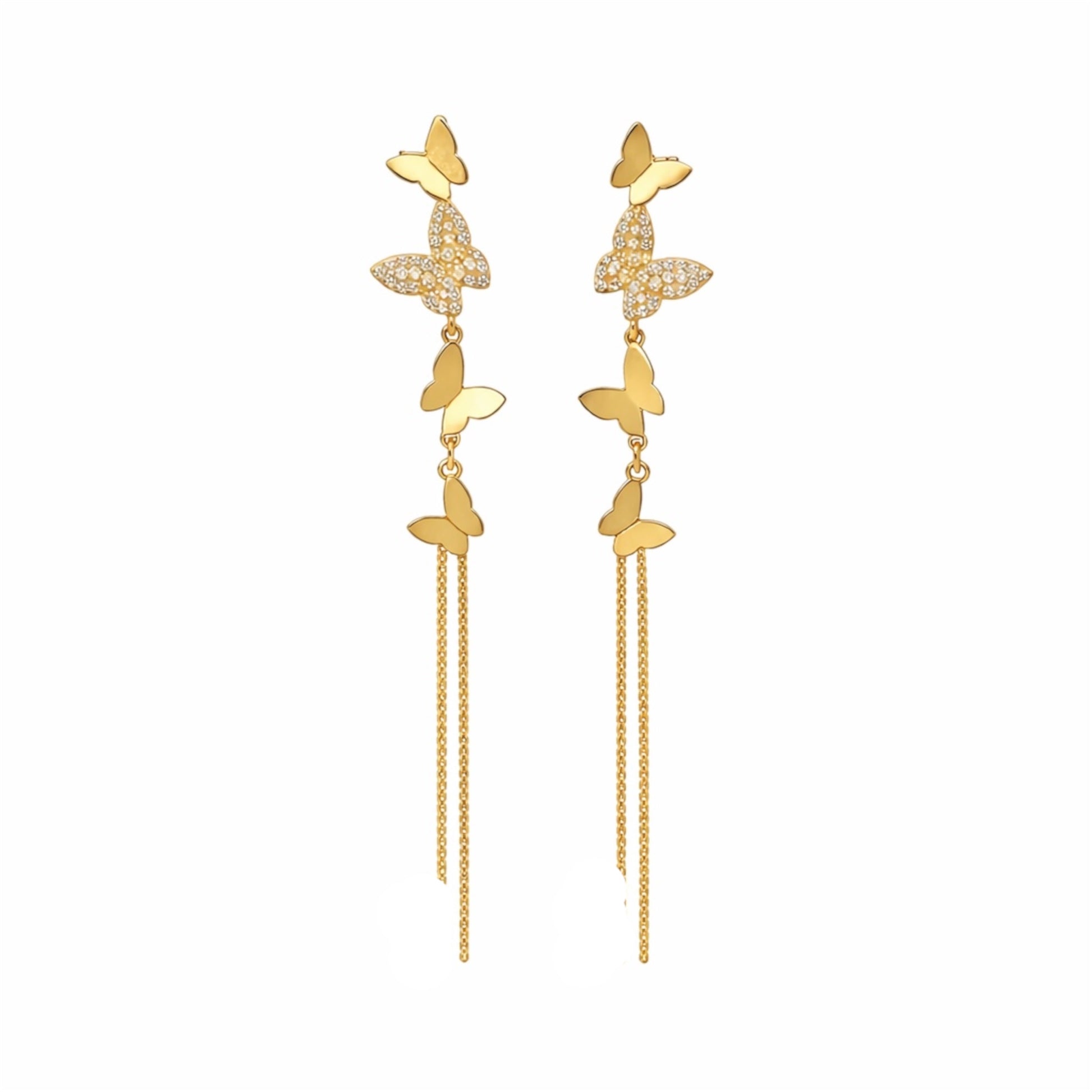 Gold butterfly chain drop earrings in sterling silver with pavé zirconia detailing