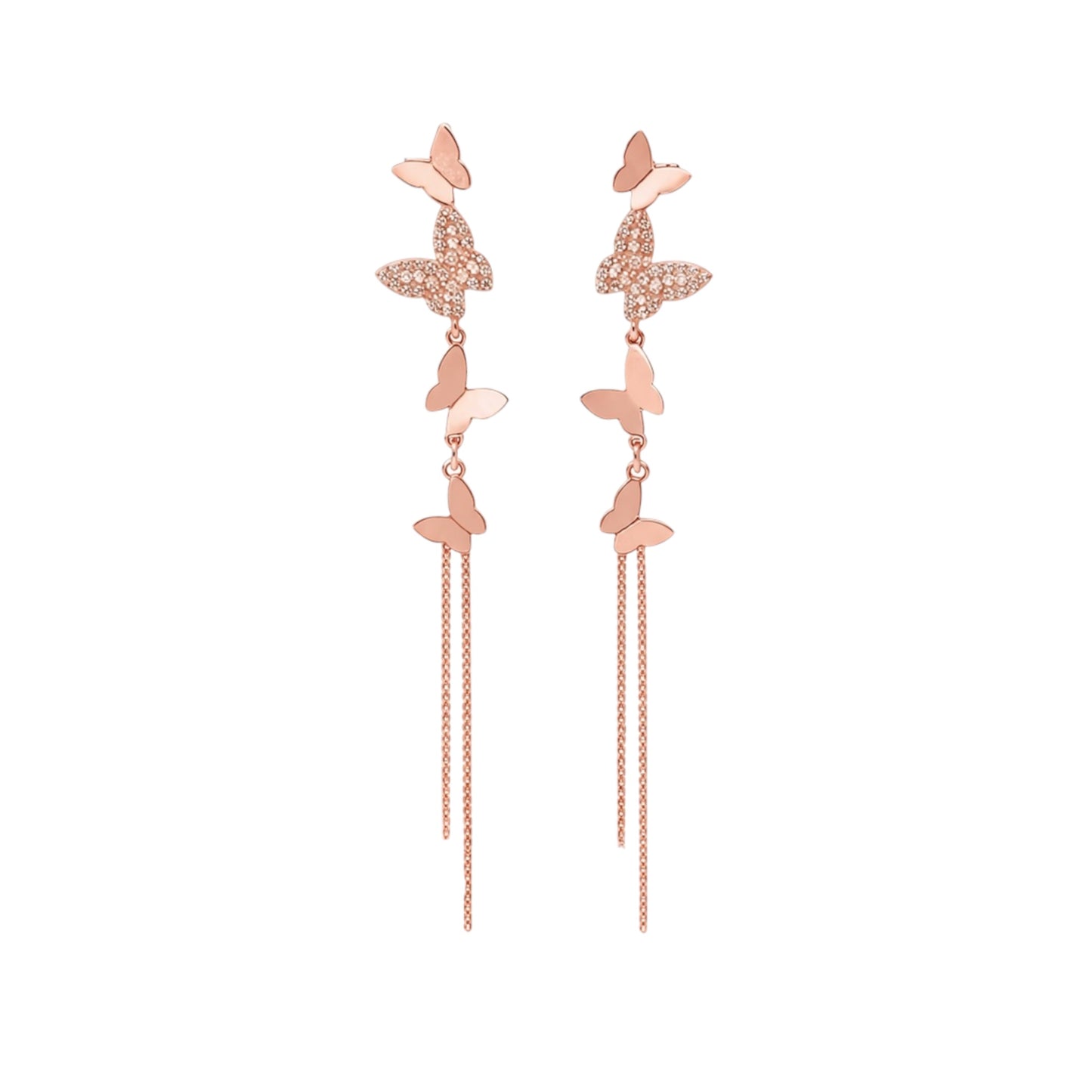 Rose gold butterfly chain drop earrings in sterling silver with pavé zirconia detailing