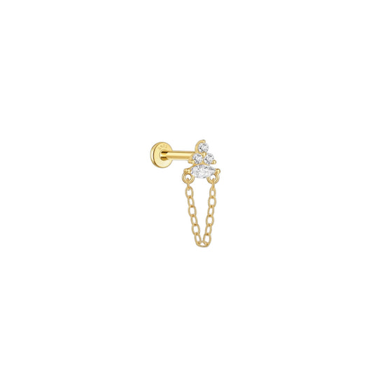 Gold cluster chain cartilage stud earring with zirconia stones in 925 sterling silver