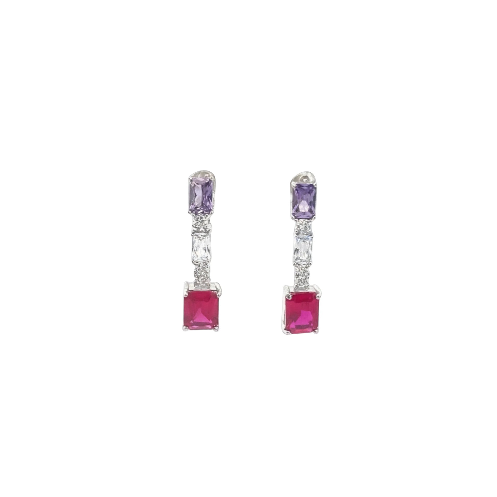 Pink colour pop drop earrings in sterling silver with vibrant pink and lilac stones