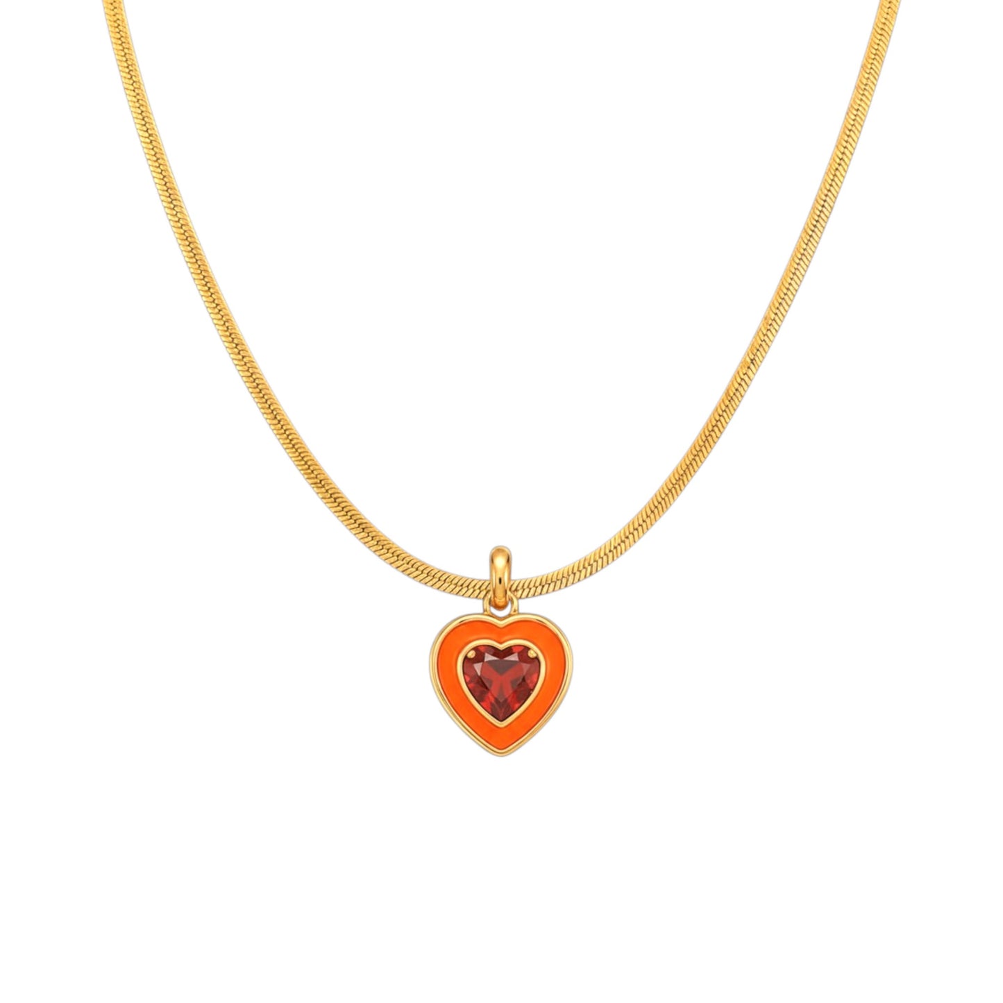 Scandal Kiss Colour Pop Necklace with orange and red heart-shaped stone detail on a gold snake chain