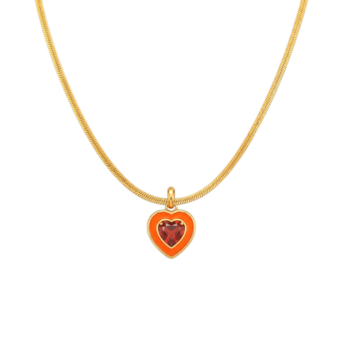 Scandal Kiss Colour Pop Necklace with orange and red heart-shaped stone detail on a gold snake chain